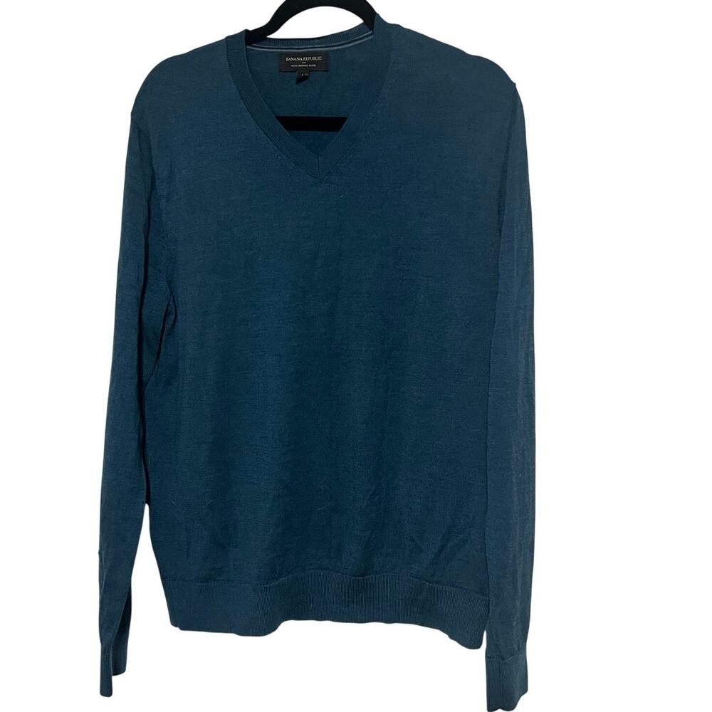Banana Republic Blue Green Merino Wool V Neck Sweater Mens Large